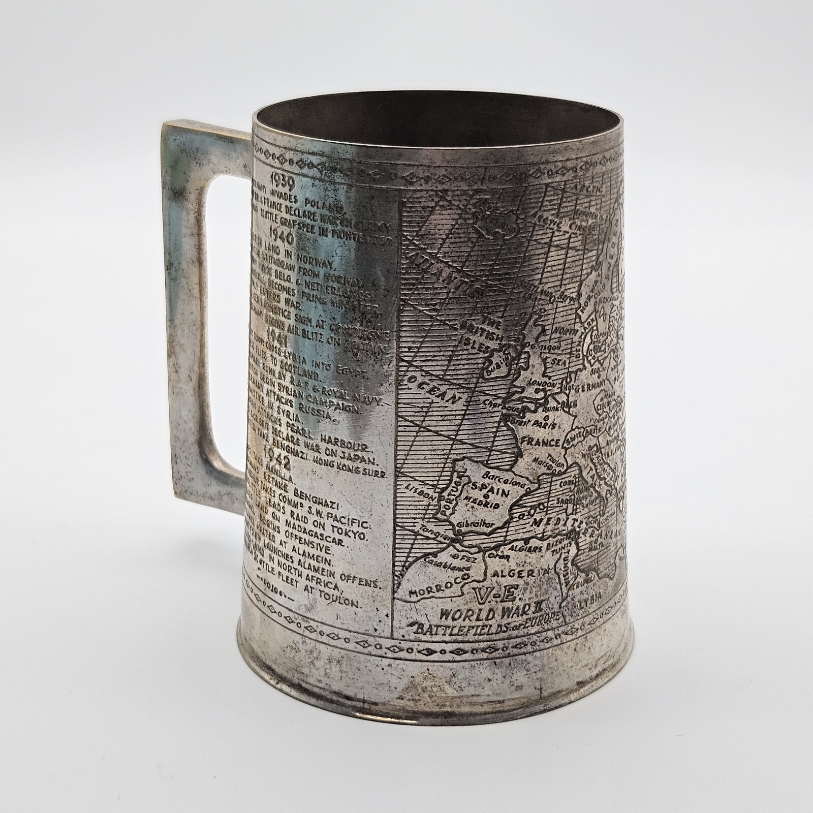 Vintage WWII Tankard Mug Stein Metal Map of Europe's Battlefield W Dates c1945