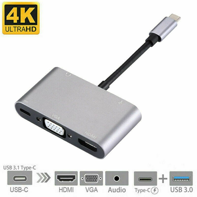 Type C to HDMI/VGA/USB 3.0/3.5mm Audio/USB-C PD Port 5 in1 Adapter Converter Hub