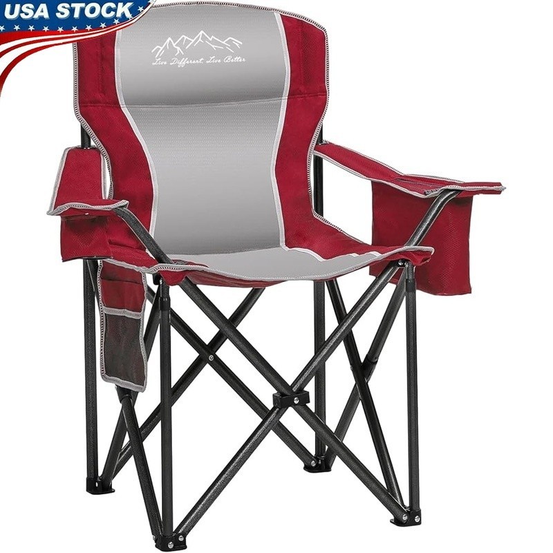 Durable Camping Chair Portable Oversized Heavy Duty W/ Cooler Storage Pocket New
