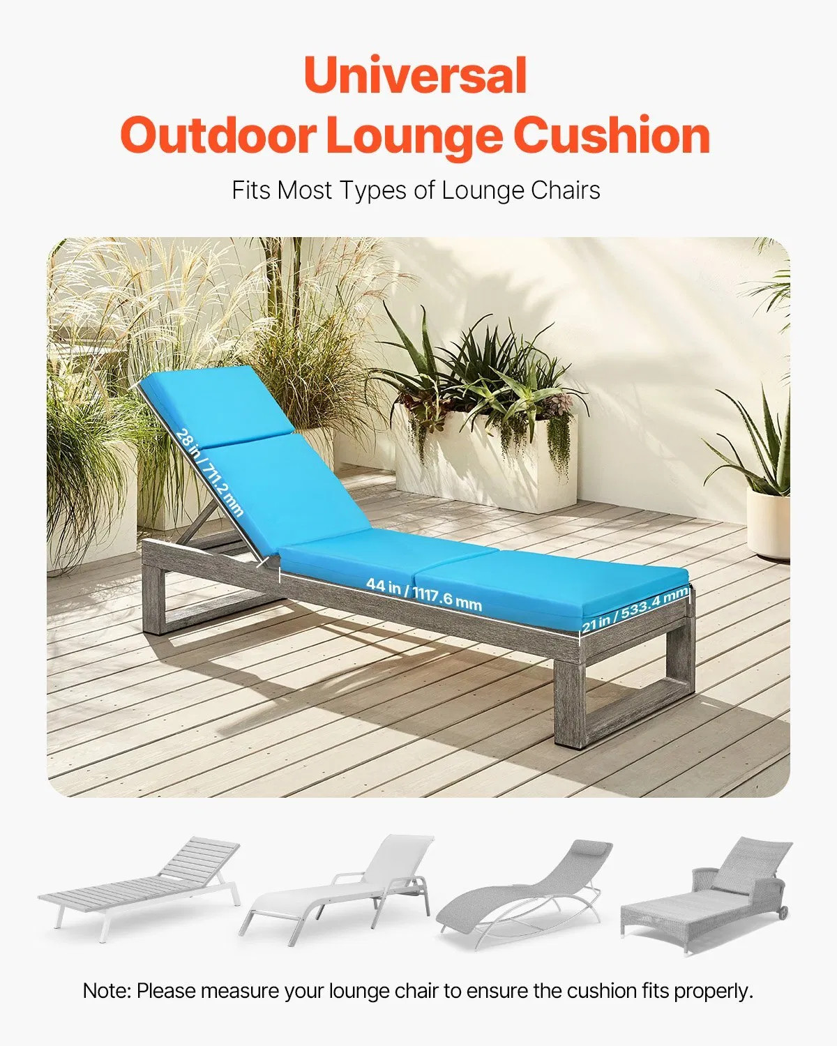 Chaise Lounge Cushion, 72 x 21 x 4 in, Set of 2 Outdoor Lounge Chair Cushions, W