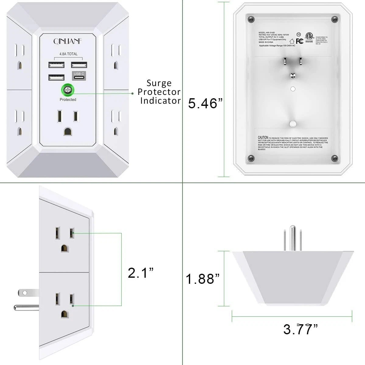 5 Outlet Extender Surge Protector Multi Plug Wall Adapter USB Charger Ports with