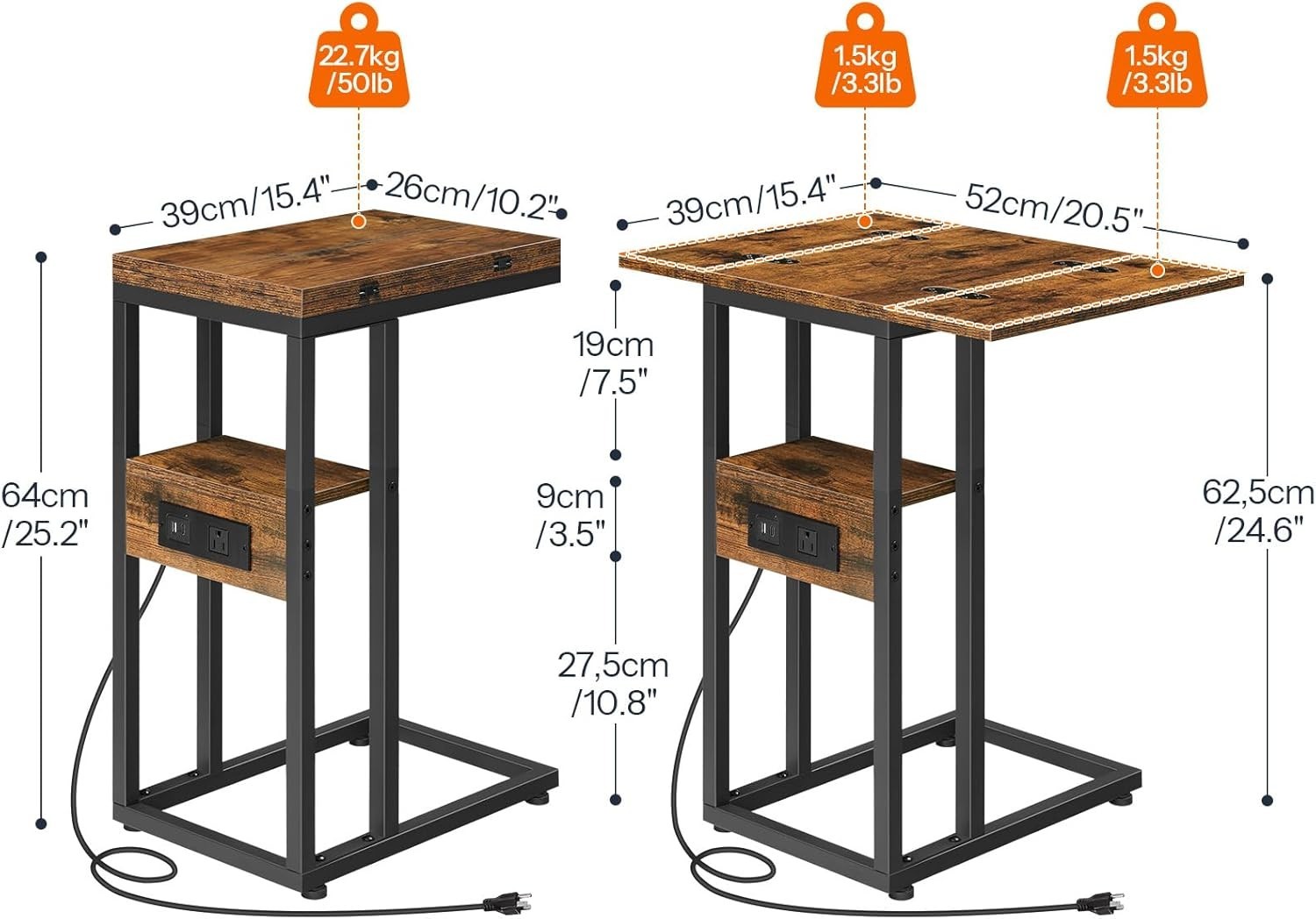 Multi-Functional Rustic C-Shaped Table with Charging Station for Modern Living