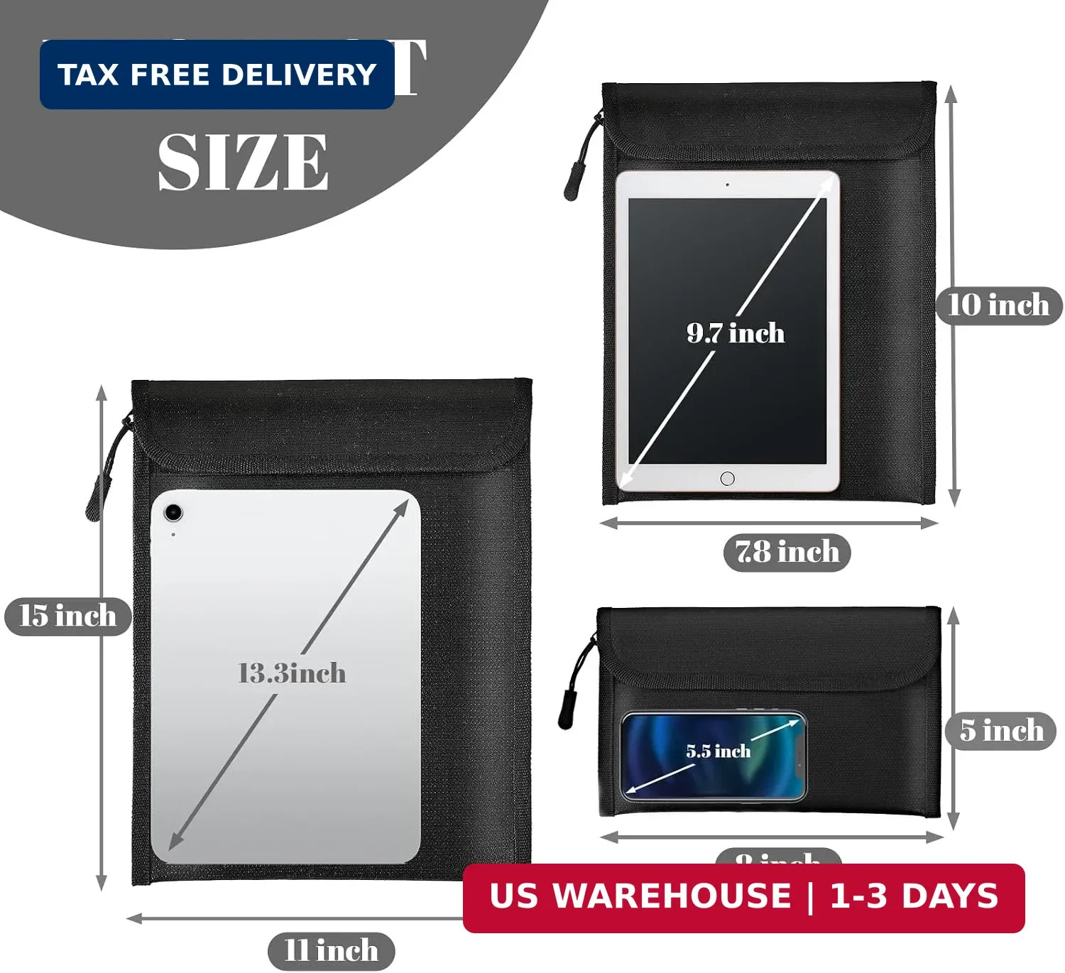 Fireproof Waterproof Document Bag 3-Pack Black 2000℉ Money Bag for Cash Passport