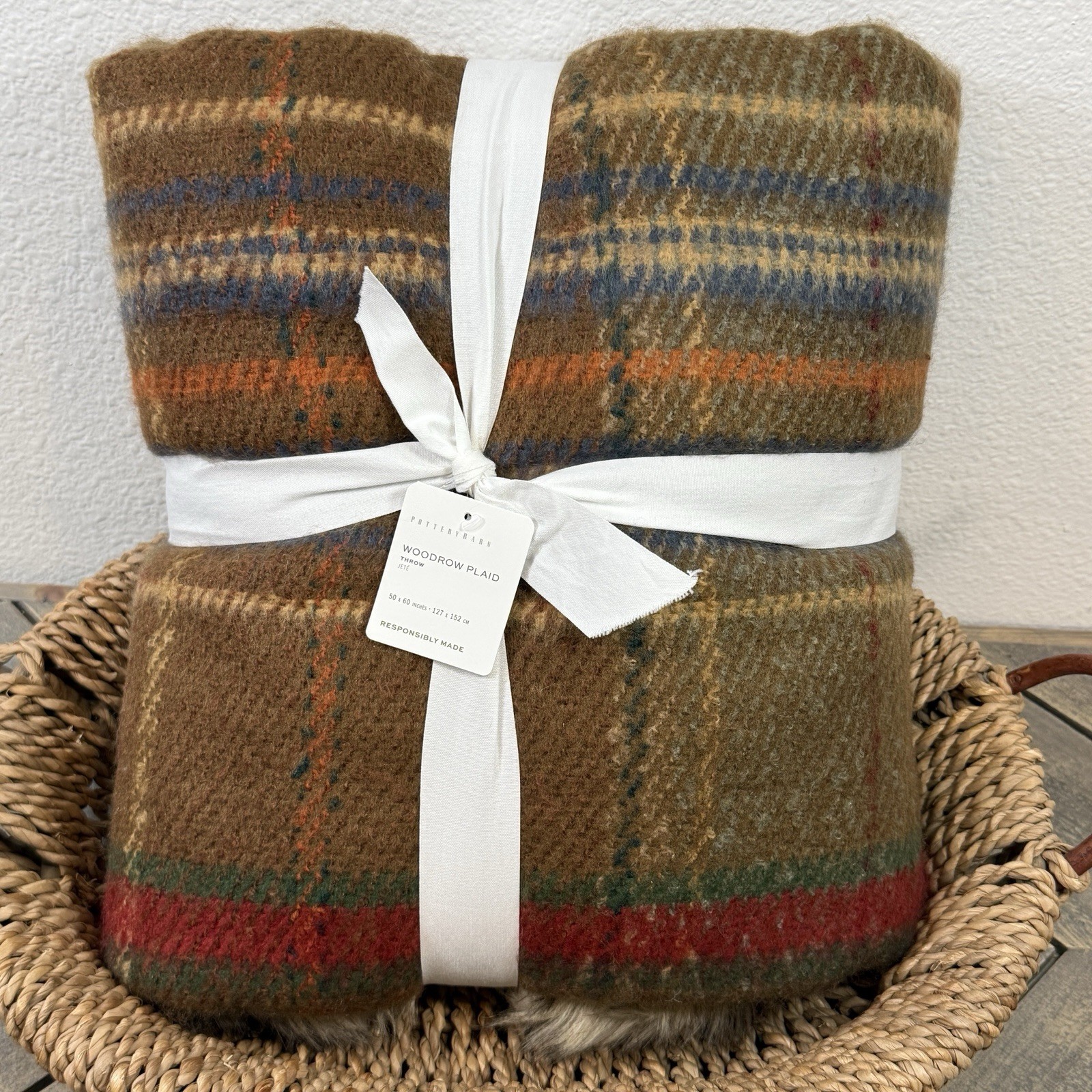 POTTERY BARN WOODROW PLAID FAUX FUR THROW BLANKET 50 X 60" ~ BROWN MULTI