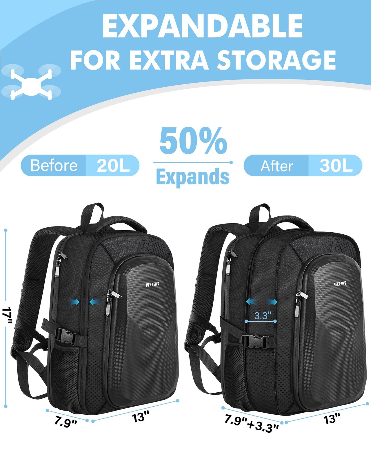 PEKREWS Mini 4 Pro Case, 3/4 Waterproof Hard Carrying Large, Black