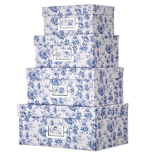 Blue and white Porcelain Storage Boxes, Photos Rectangular Set4 Blue and White