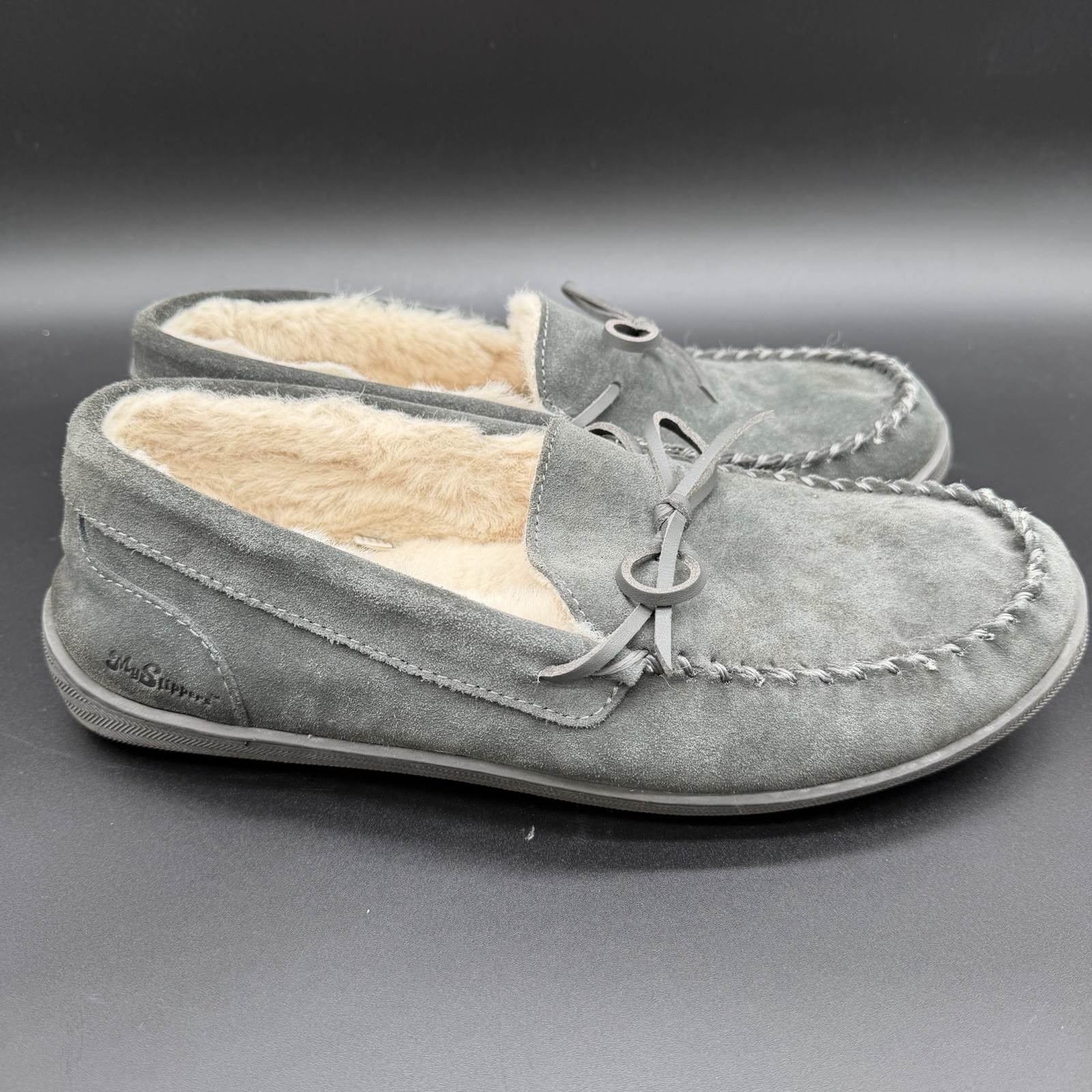 My Slippers Men's Sz 12 Gray Suede Moccasin Faux Fur Lined Slipper Shoe