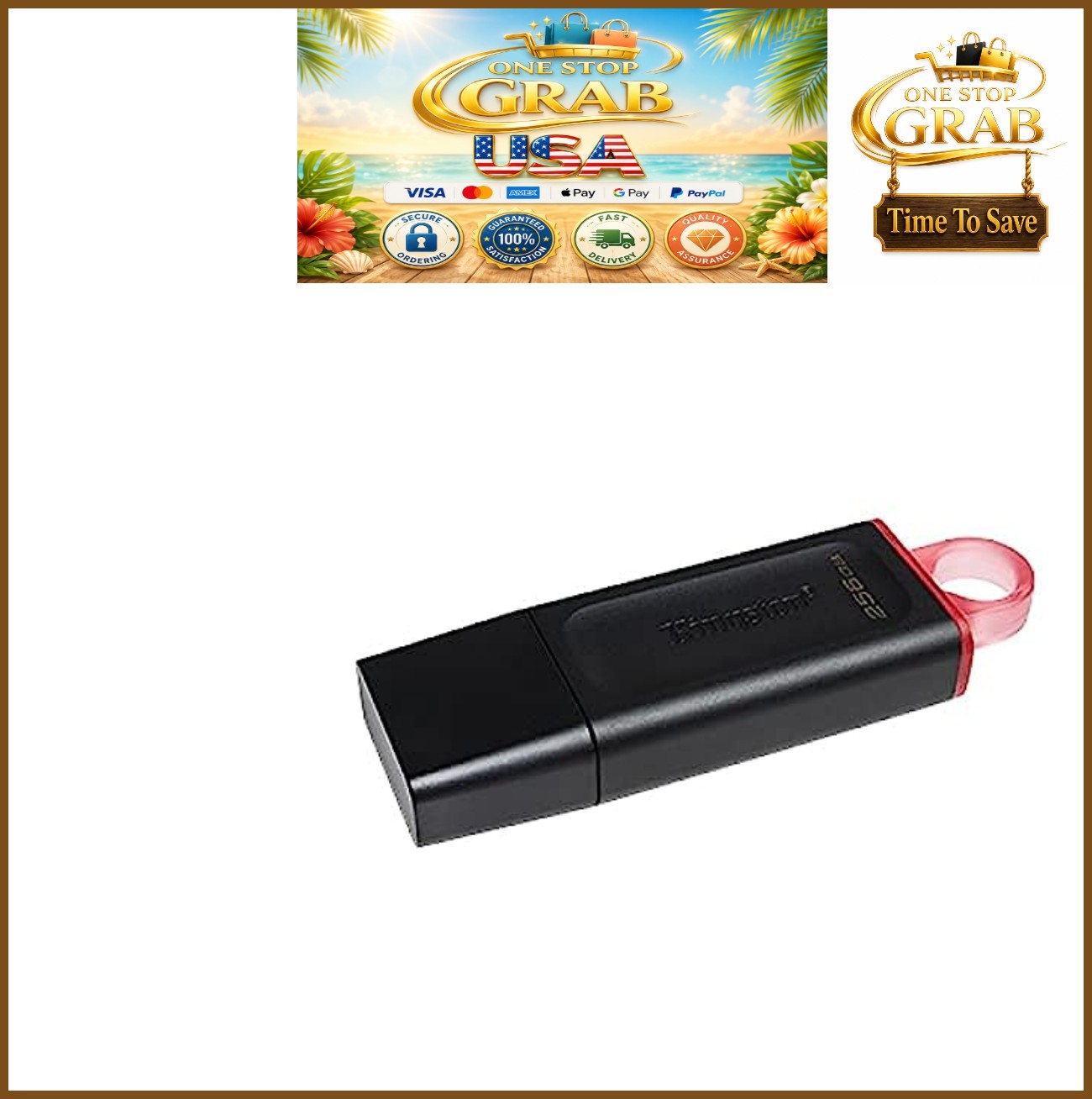USB Flash Drive 256GB USB 3.2 Gen 1 High Speed Storage Black Key Ring Loop