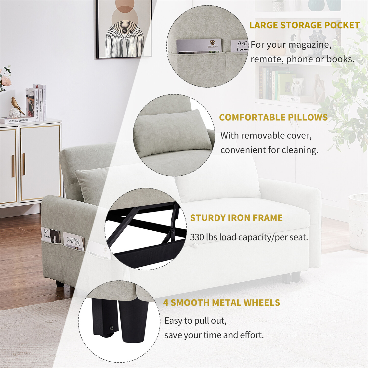 Convertible Sleeper Sofa Bed Loveseat Sofa Couch with Pull Out Bed & USB Port