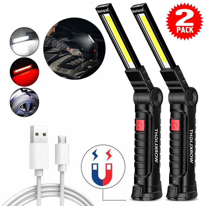 2Sets USB Rechargeable COB LED Work Light Lamp Inspect Folding Torch Flashlight