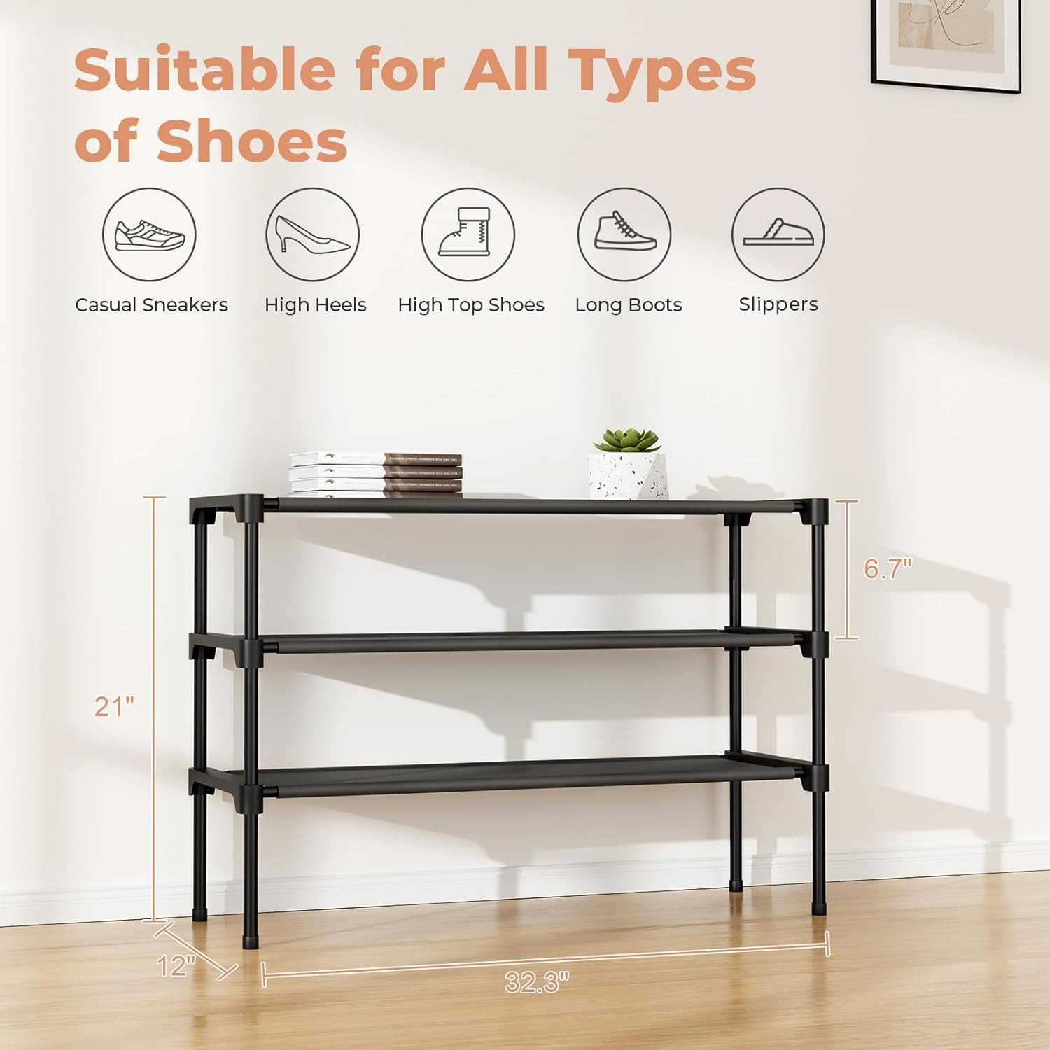 32.3" Widening Design Shoe Rack for Closet 16 Pairs Small Spaces Non-Woven 3 Tie