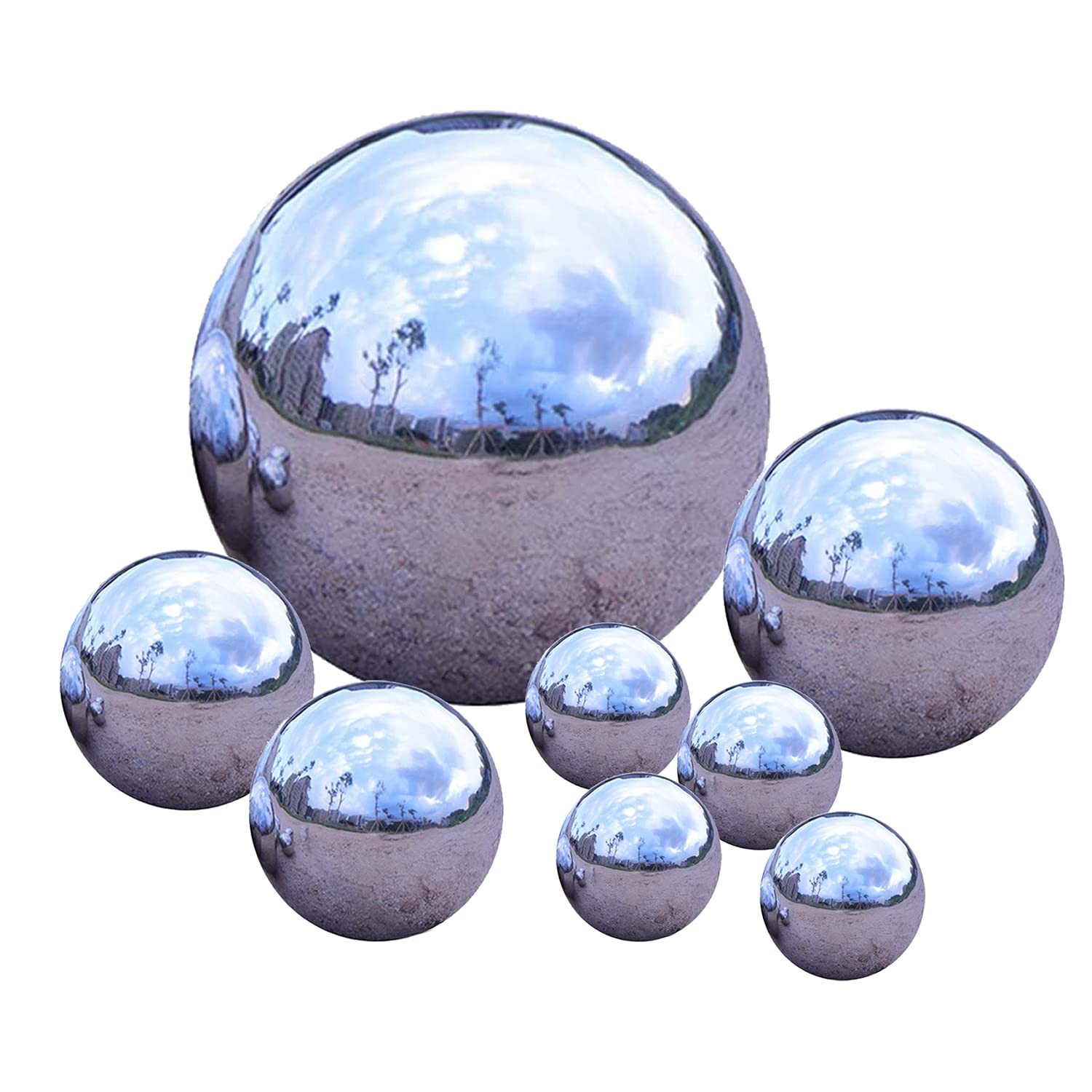 Pack of 8 Stainless Steel Gazing Balls Assorted 50-150mm Small Garden Silver