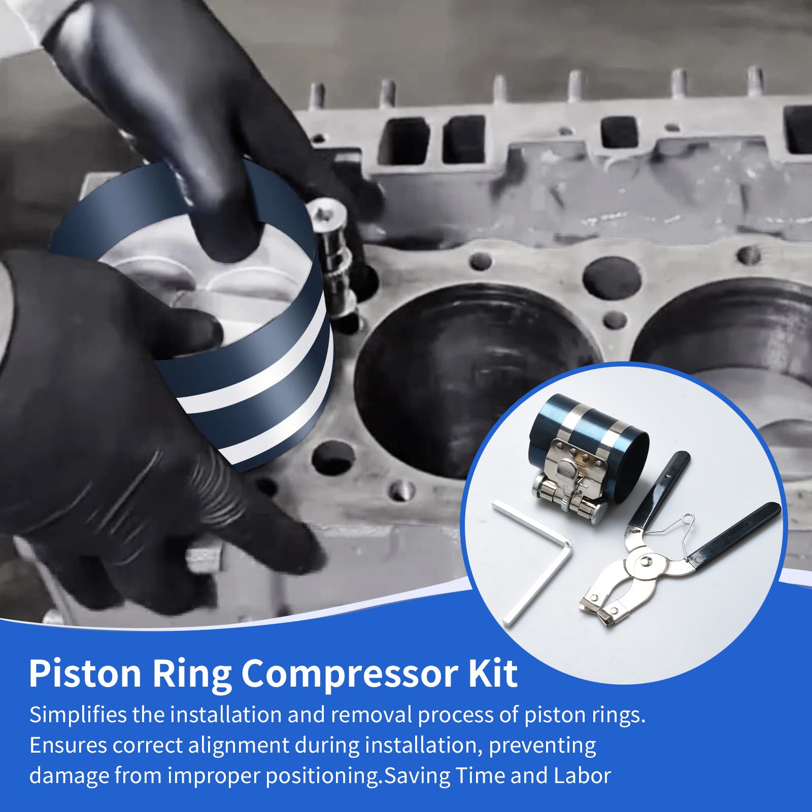 Compact Piston Ring Compressor Tool Set with Pliers & Wrench for Engine Overhaul