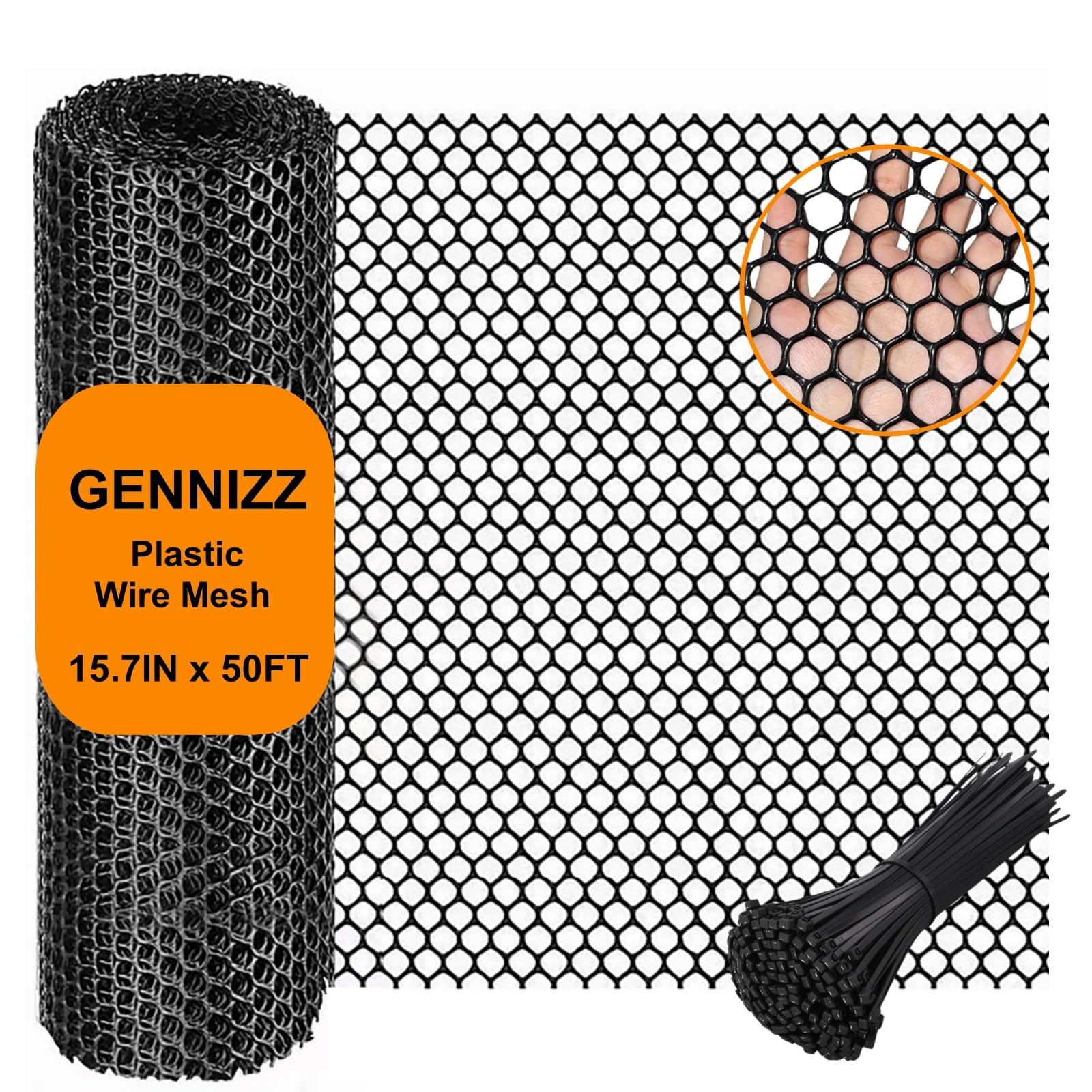 Plastic Wire Mesh Fence Roll, GENNIZZ 15.7IN x 50FT x 50FT, Black