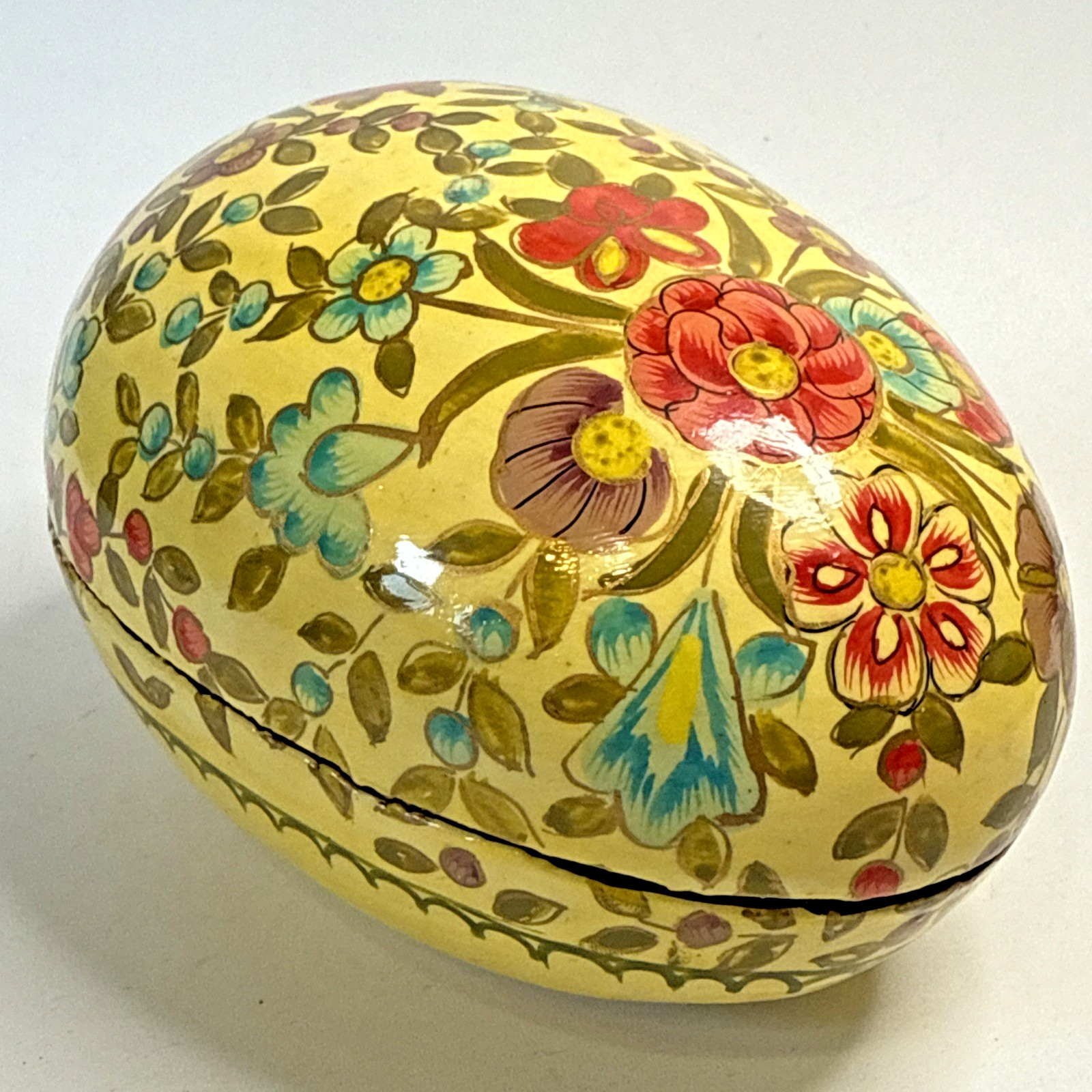 Lacquered Wood Egg Shaped Trinket Box Floral Design