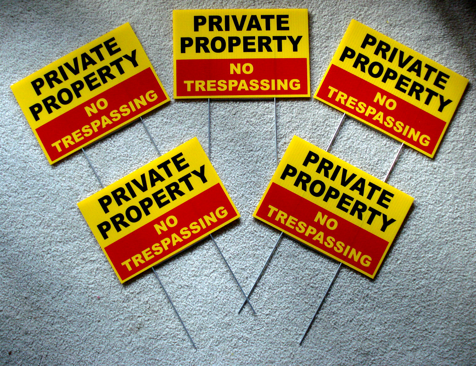 5 PRIVATE PROPERTY NO TRESPASSING  w/Stakes  8"x12" Plastic Coroplast  Safety y