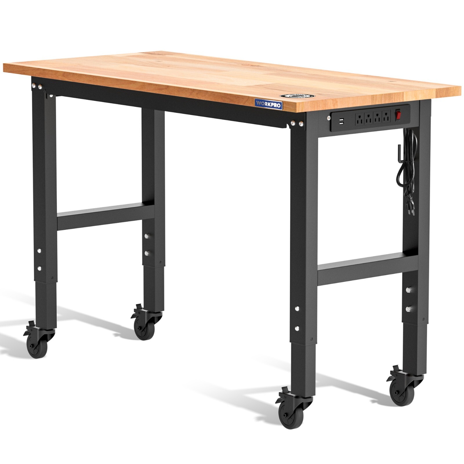 48"X22" Adjustable Workbench with Wheels, Rubber Wood Top Heavy-Duty Workstation