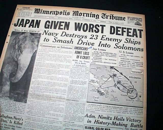 NAVAL BATTLE OF GUADALCANAL Solomons Islands U.S. VICTORY 1942 WWII Newspaper
