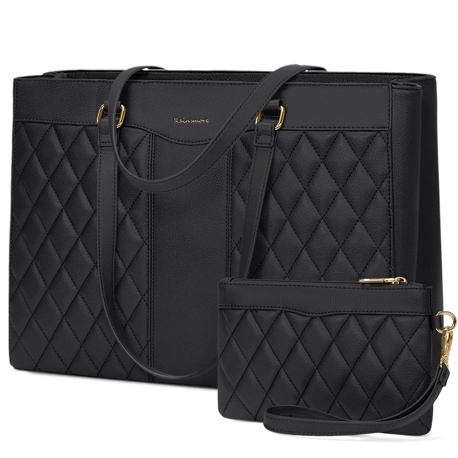 Black Leather Womens Laptop Bag 15.6 Inch Work Tote Briefcase Purse Clutch
