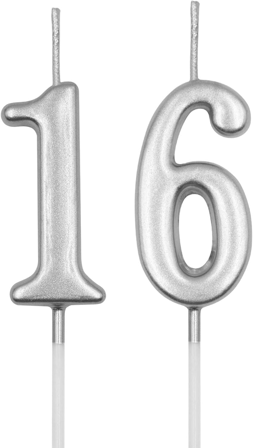16Th & 61St Birthday Candles, Silver Number 16 61 Candle for Cake, Happy Birthda