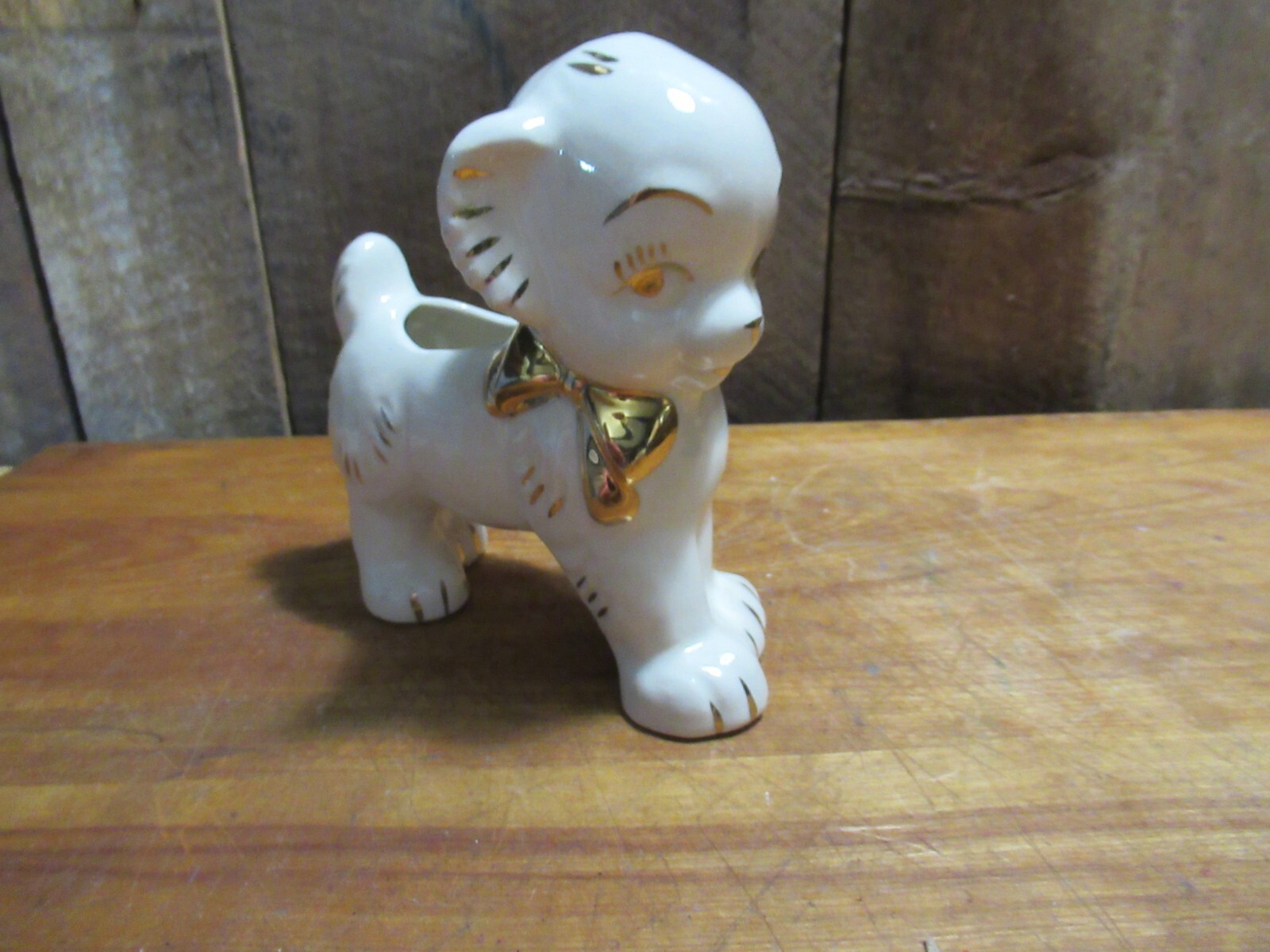 Vintage Puppy/Dog Planter Figurine - White Gold Trim - Ceramic