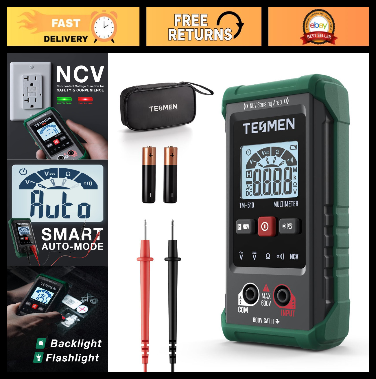 Digital Multimeter 4000 Counts Auto-Ranging Voltage Tester AC/DC Resistance Cont