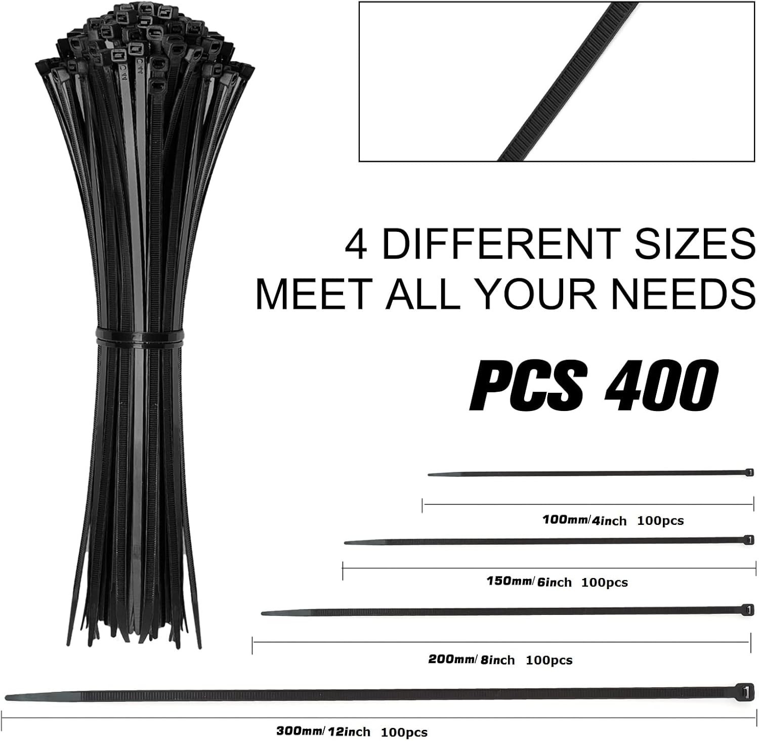 Cable Zip Ties,400 Pack Black Assorted Sizes 12+8+6+4 Inch,Multi-Purpose Self-Lo
