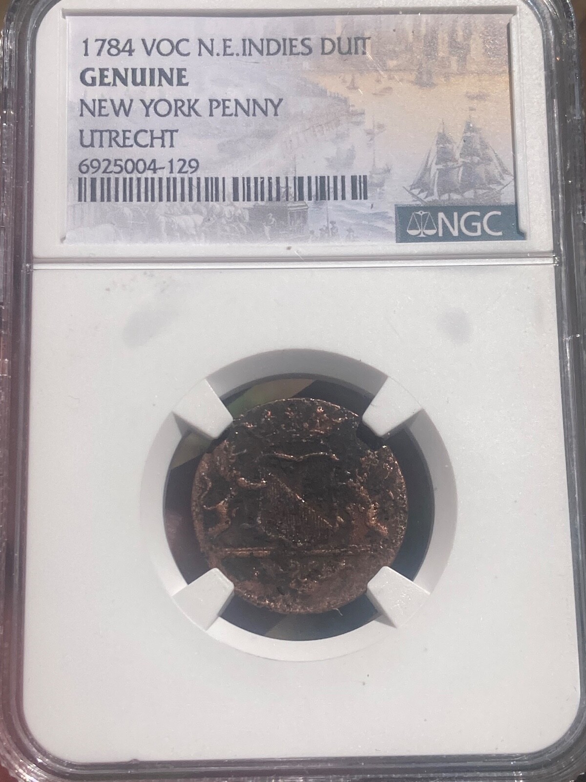 1784 VOC Netherlands East Indies Duit Utrecht Coin "New York Penny" NGC Genuine