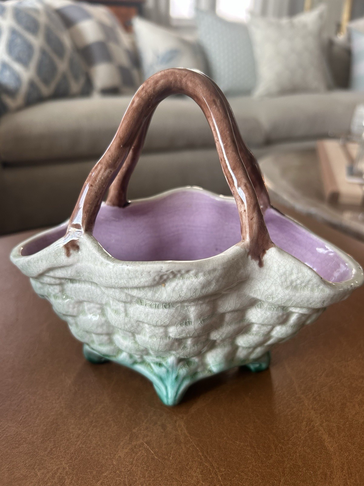 Majolica ceramic basket with twig handl