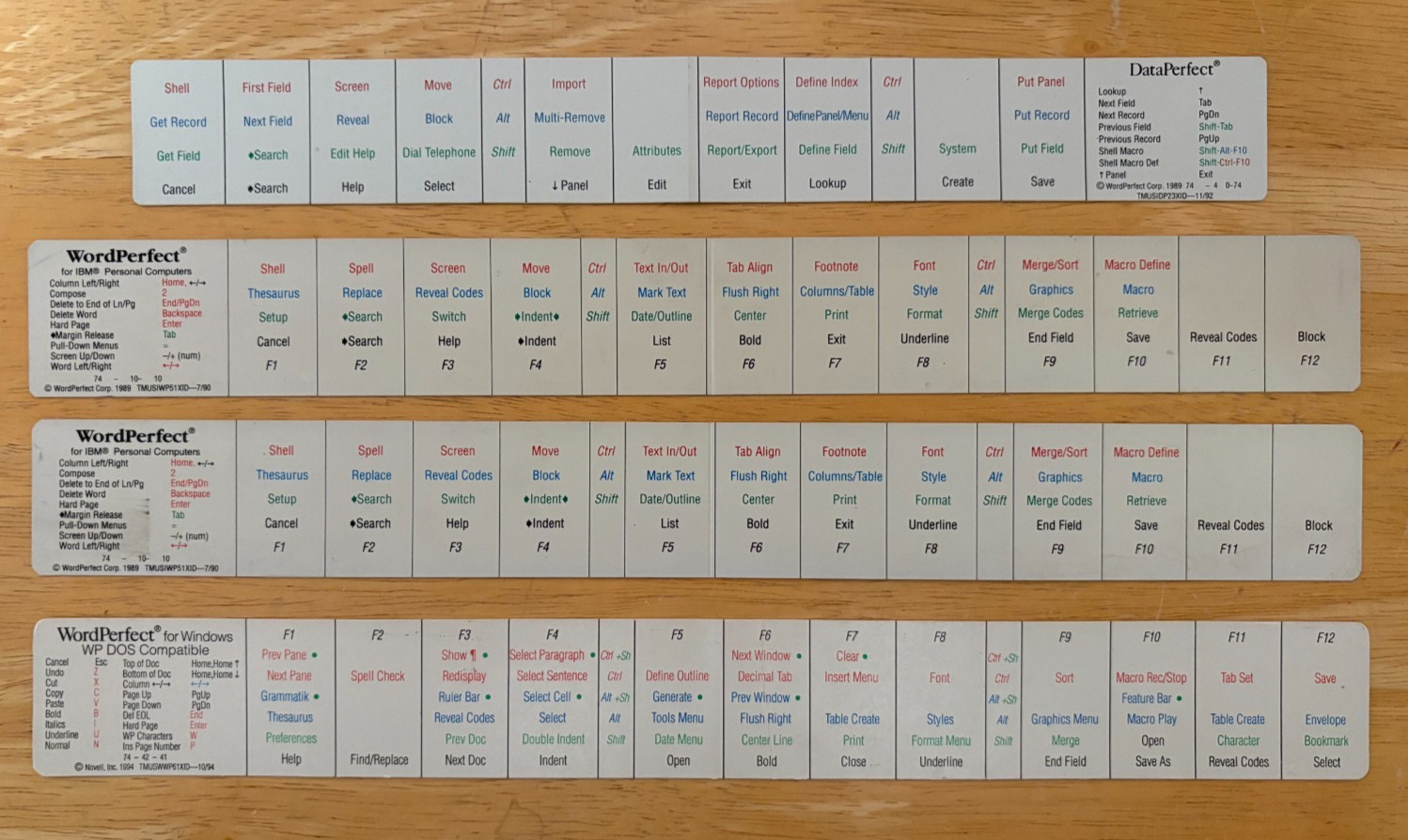 Set of 4 mixed Windows & DOS Word Perfect and Data Perfect keyboard shortcuts