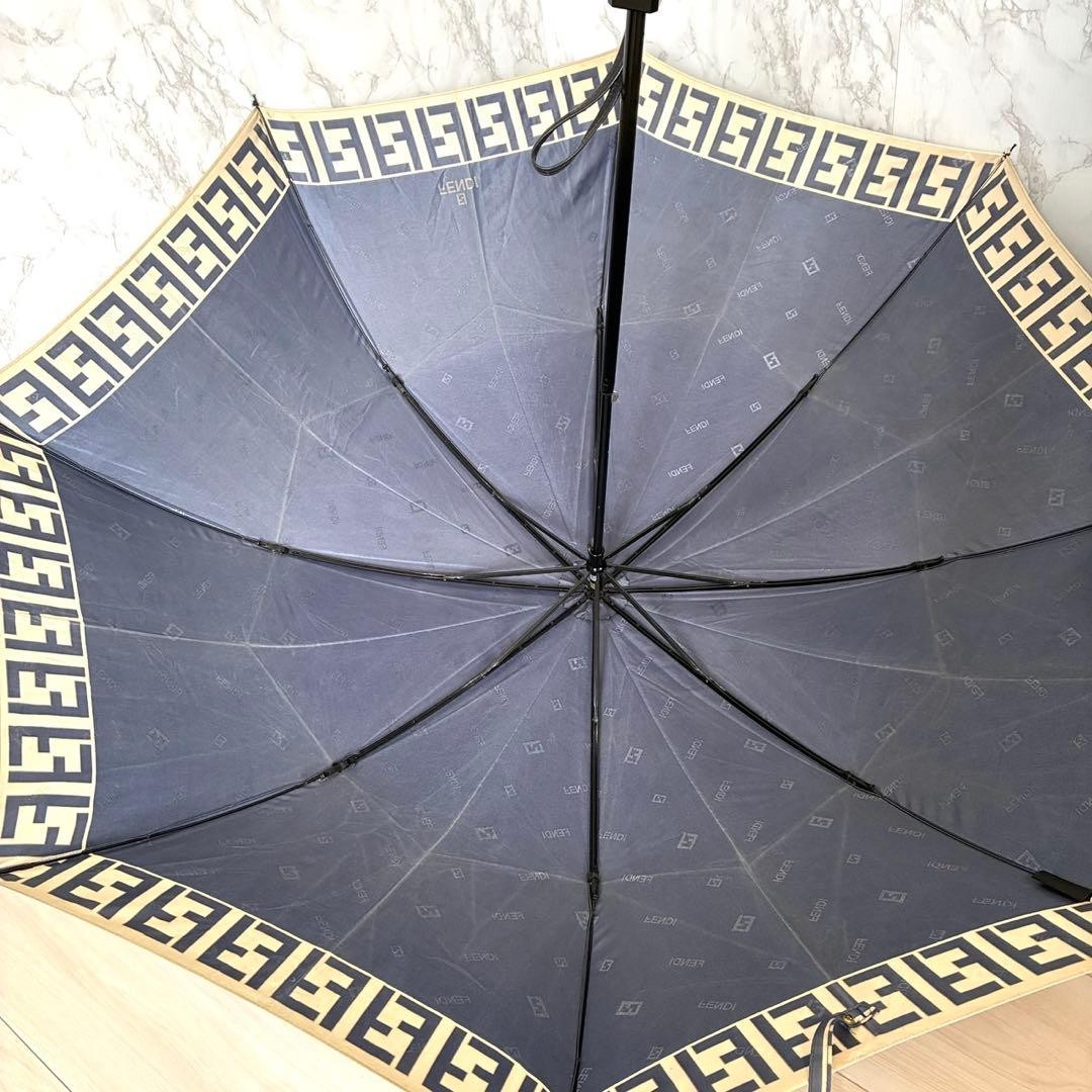 FENDI Zucca Pattern Folding Umbrella Navy Blue Compact Portable Polyester