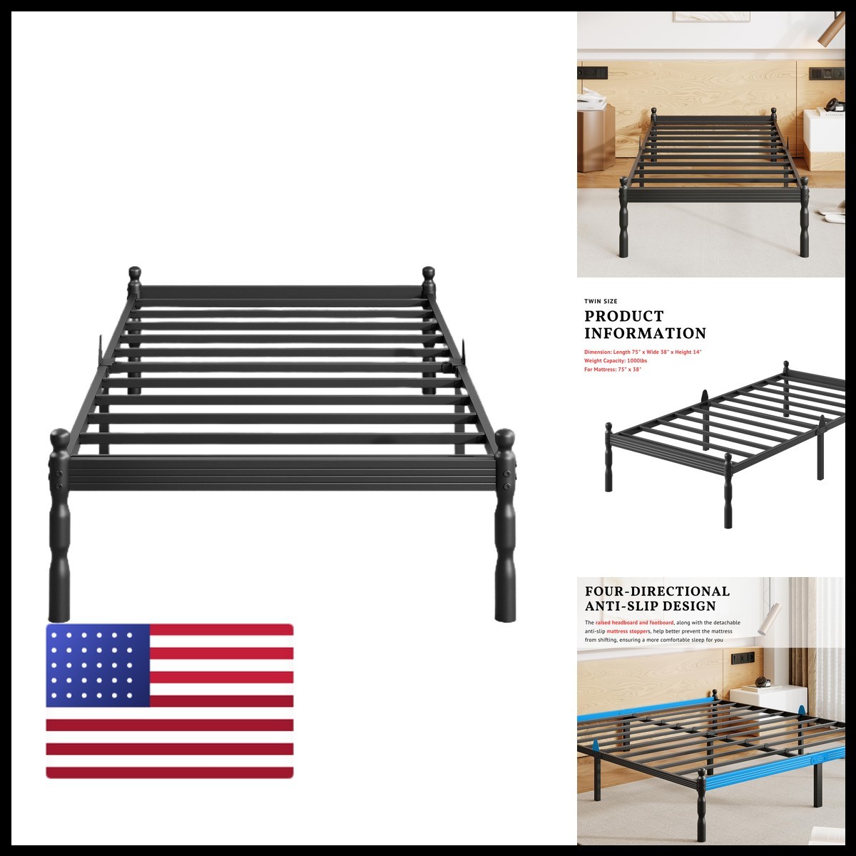 ZIYOO Twin Size Bed Frame Mattress Slide Stopper, 14 Inches Heavy Duty Sturdy