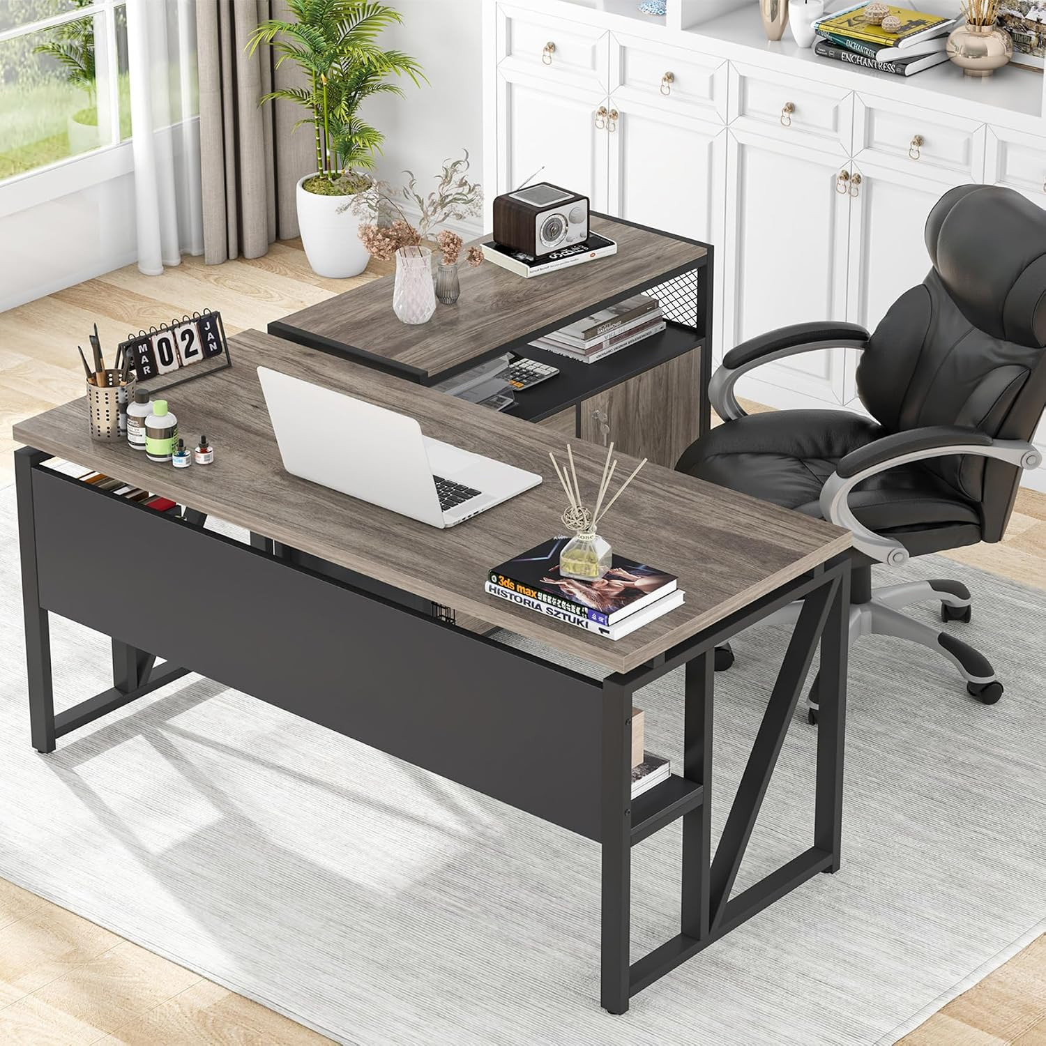 Tribesigns Grey Executive Desk with Cabinet, 55" L Shaped Computer Desk and Late
