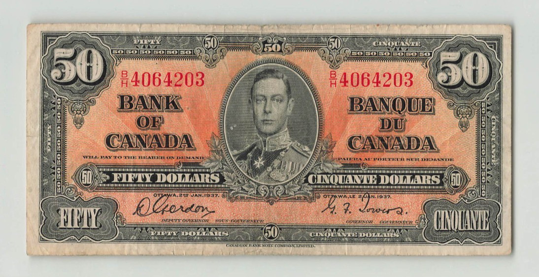 CANADA 50 Dollars 1937, BC-26b, Gordon/Towers, Original Circulated (Staple Holes