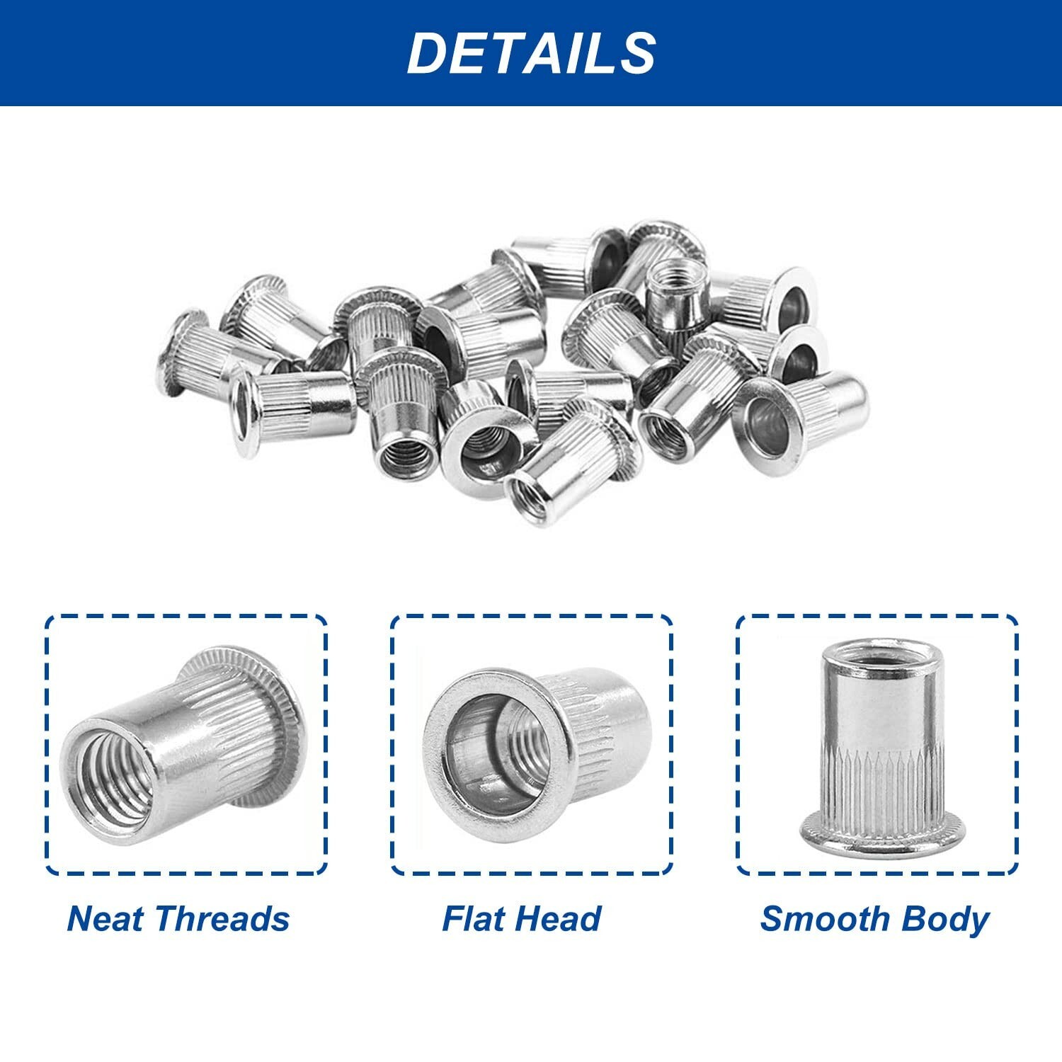 "M8 Rivet Nuts - 30 Pcs Stainless Steel Rivnuts Flat Head Insert Nut with Knur..
