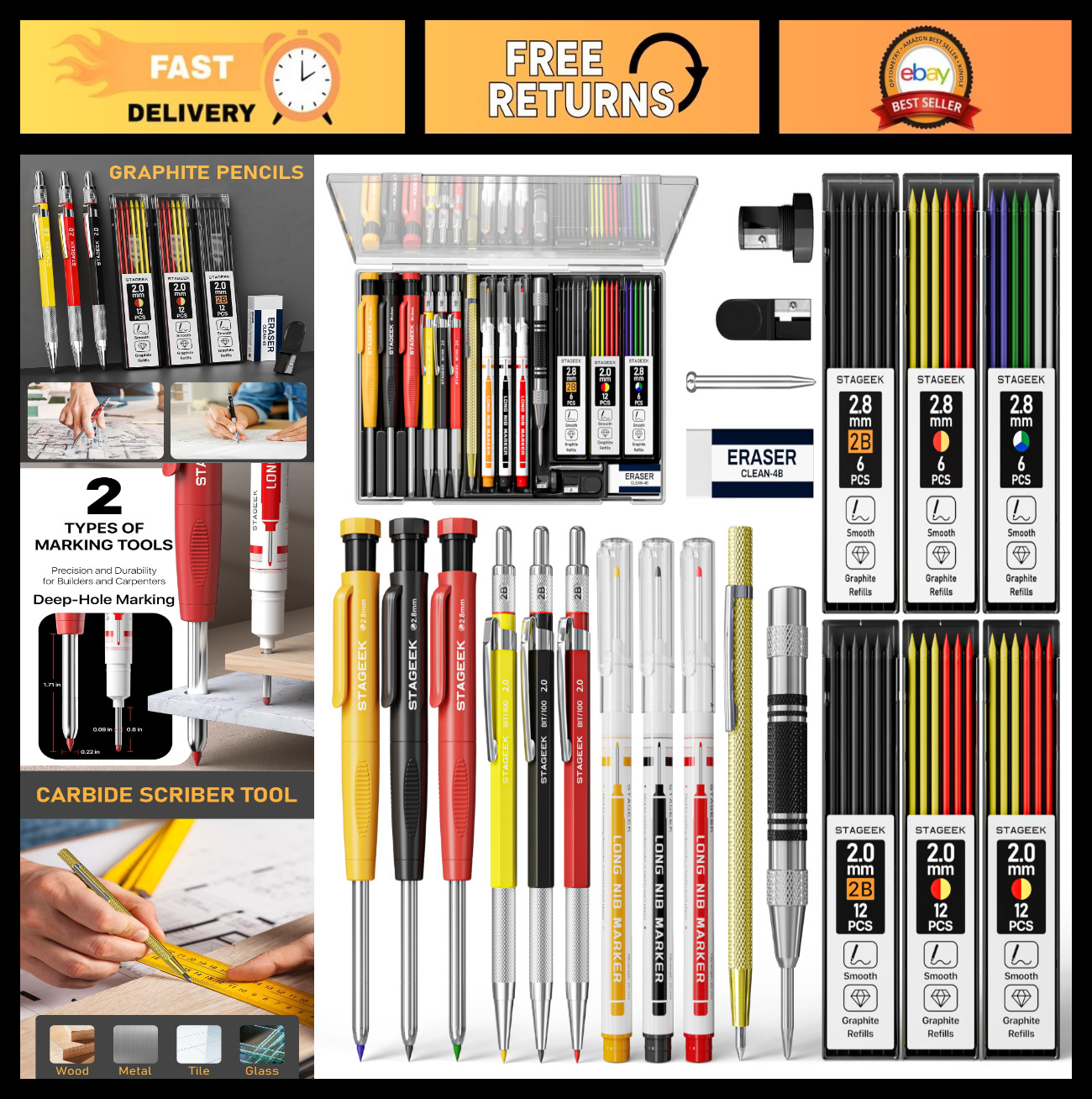 22 Pack Carpenter Pencil Set with Sharpener, 60 Refills, Long-Nib Marker & Scrib