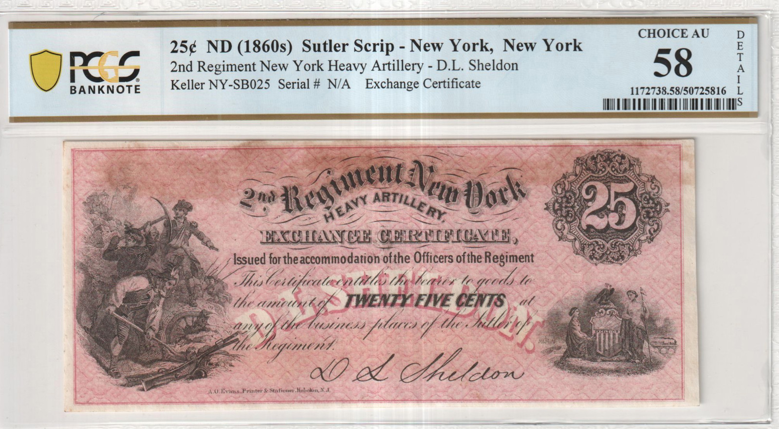 Military Payment Exchange Certificate, Sutler Scrip 25c. New York, 2nd Regiment