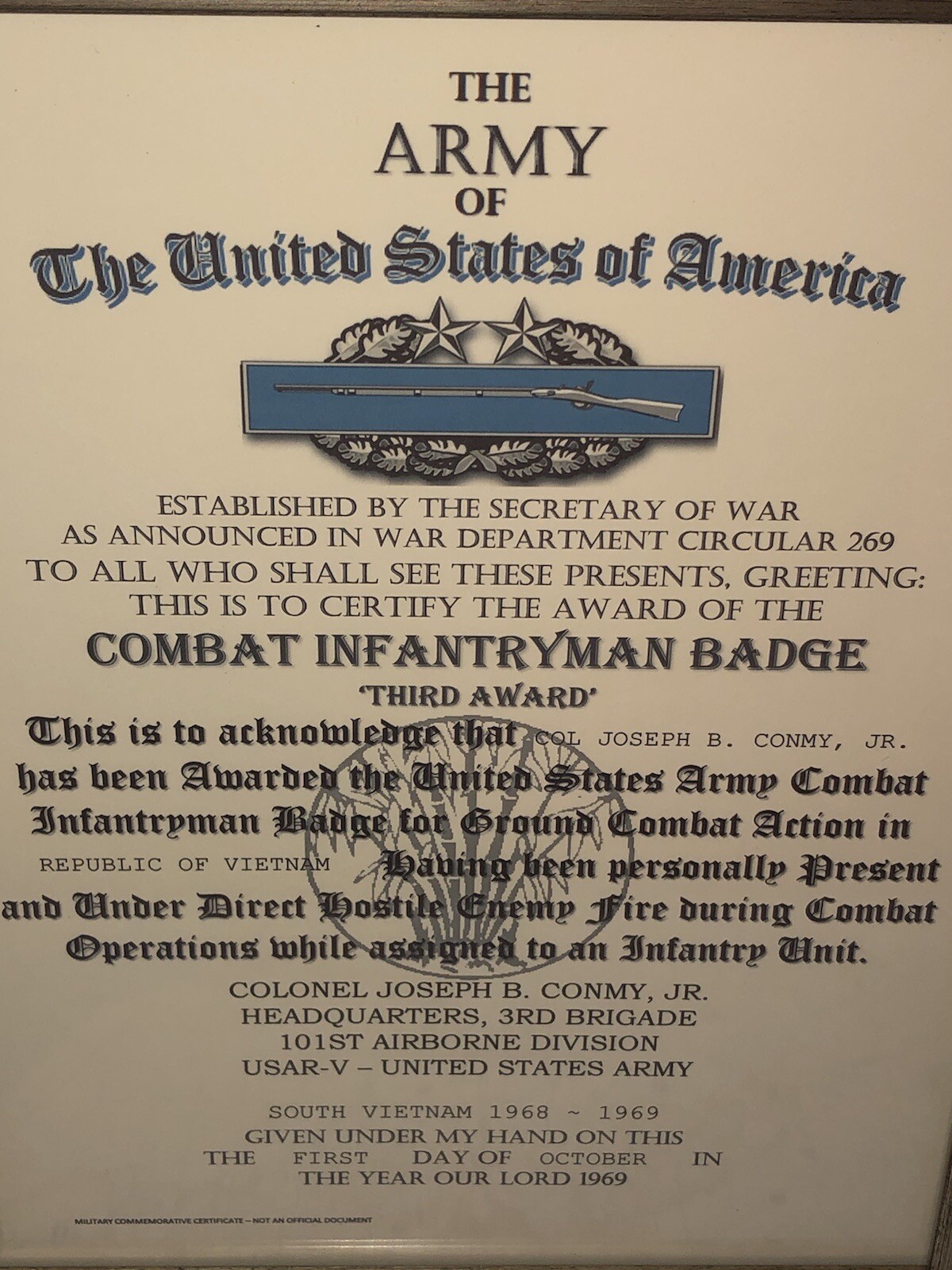 COMBAT INFANTRYMAN BADGE 3RD AWD [RVN] REPLACEMENT CERTIFICATE(COMMEMORATIVE) T3