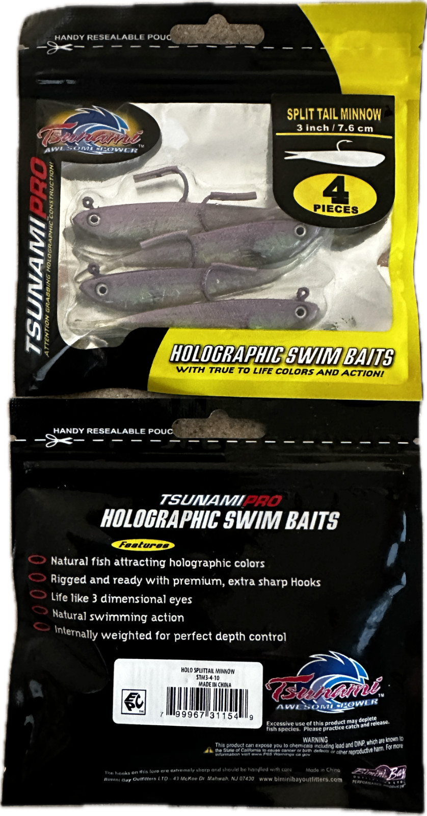 Tsunami Holographic Split Tail Minnow 3" Purple Haze Clear 4 Per Pack STM3-4-10