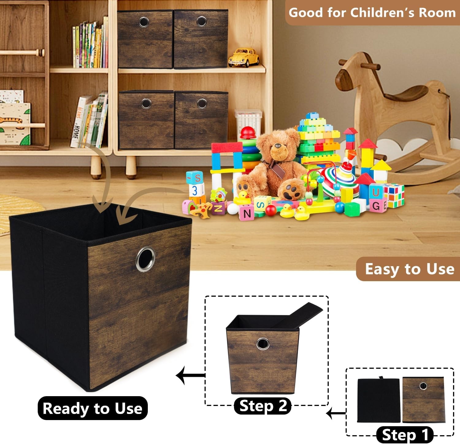 Wood grain thickened fabric storage box, foldable storage cube decorative box