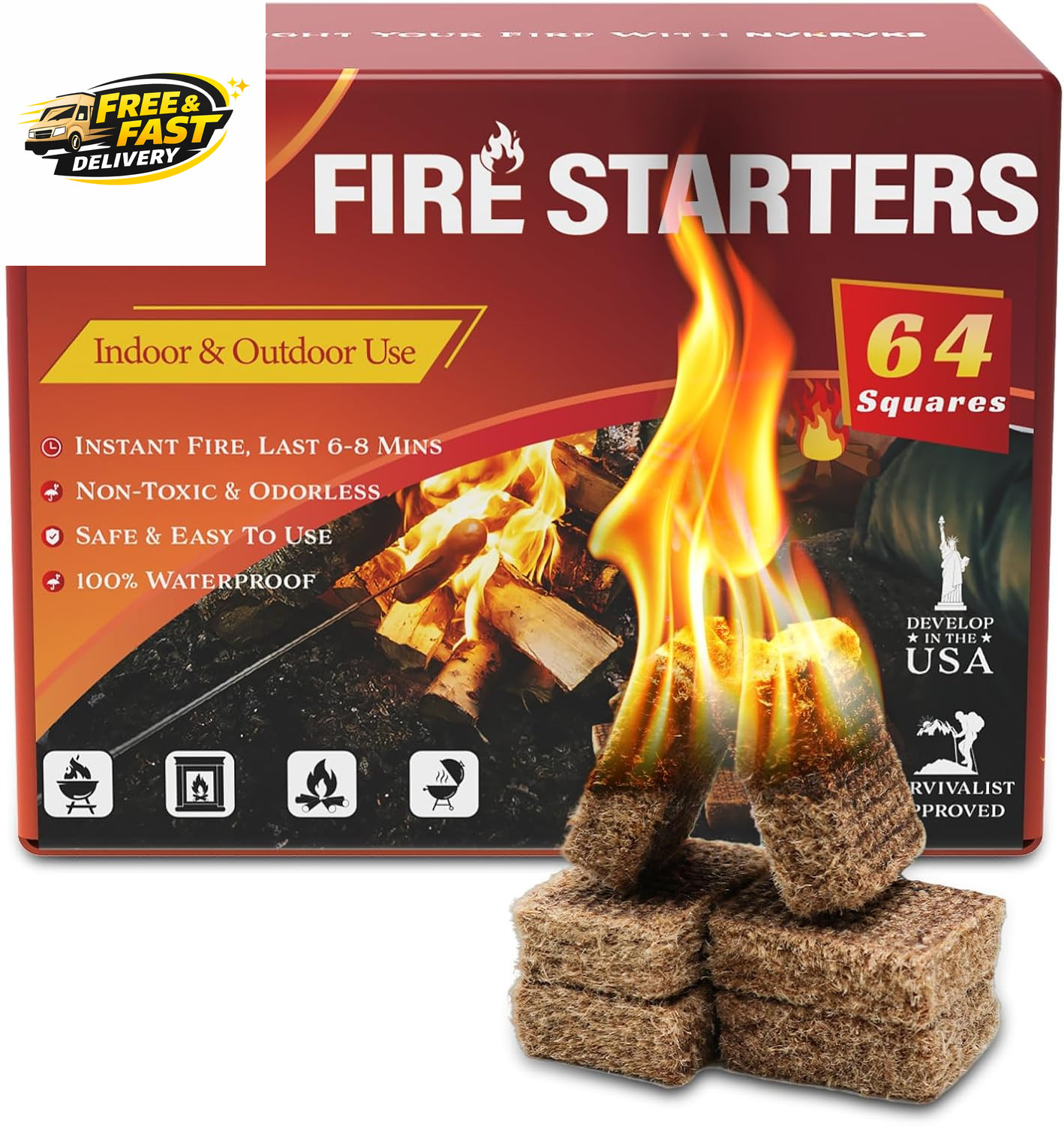 Fire Starter, Easy-Burning Fire Starter Squares for Wood Stoves, Campfires,