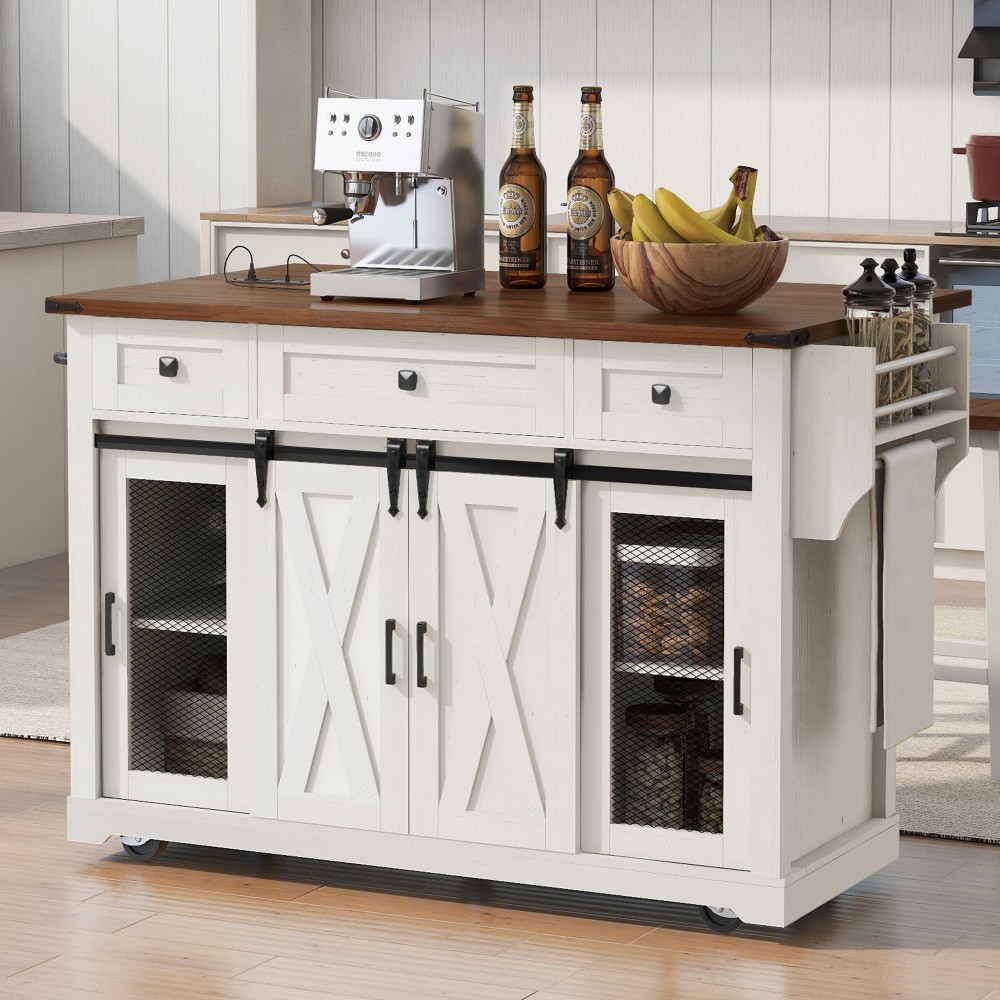 58"Farmhouse Kitchen Island with Storage Sliding Barn Door& Metal Grid Side Door