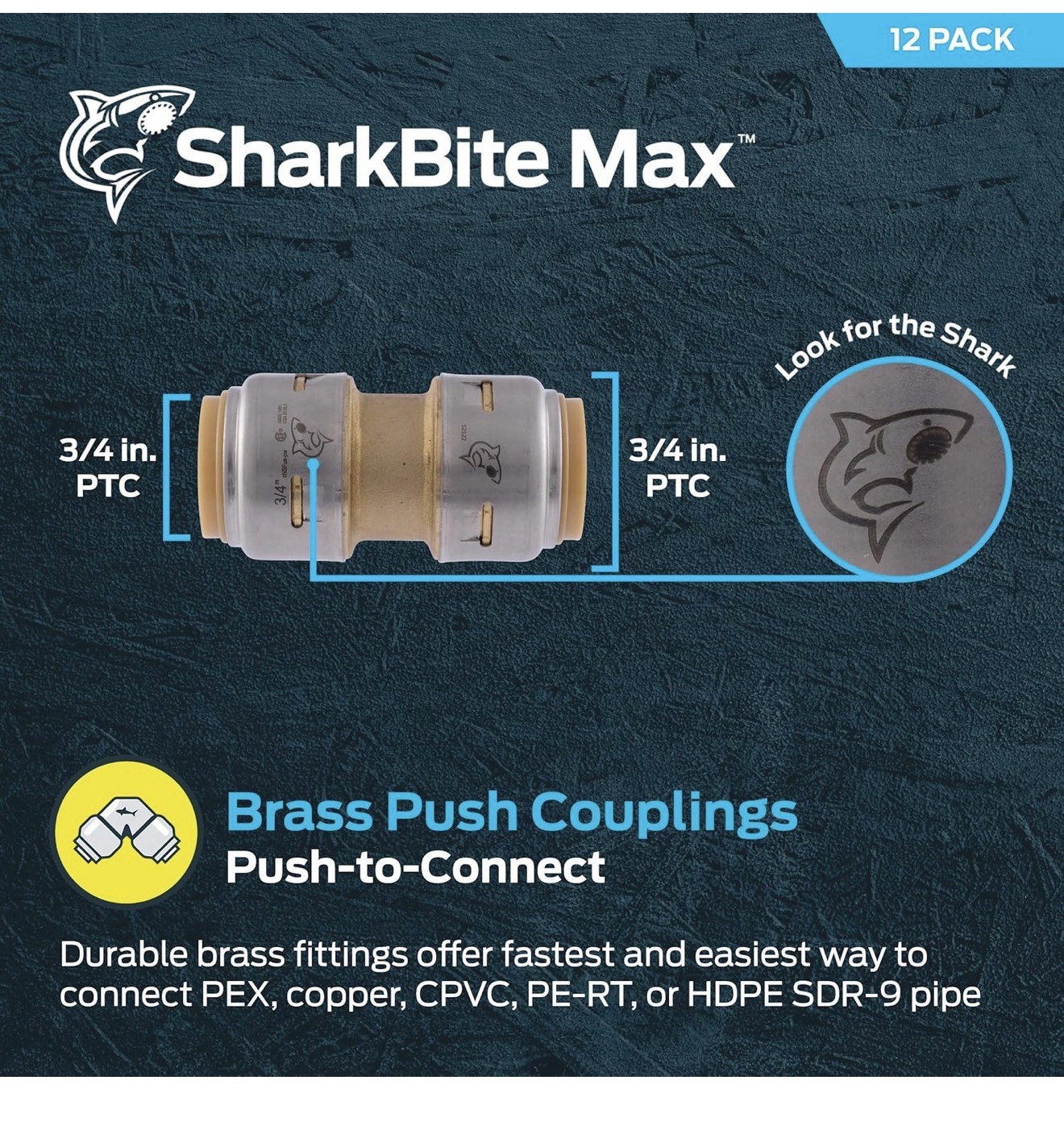 SharkBite Max UR016 3/4" Push to Connect Brass Straight Coupling Fitting 12 Pack