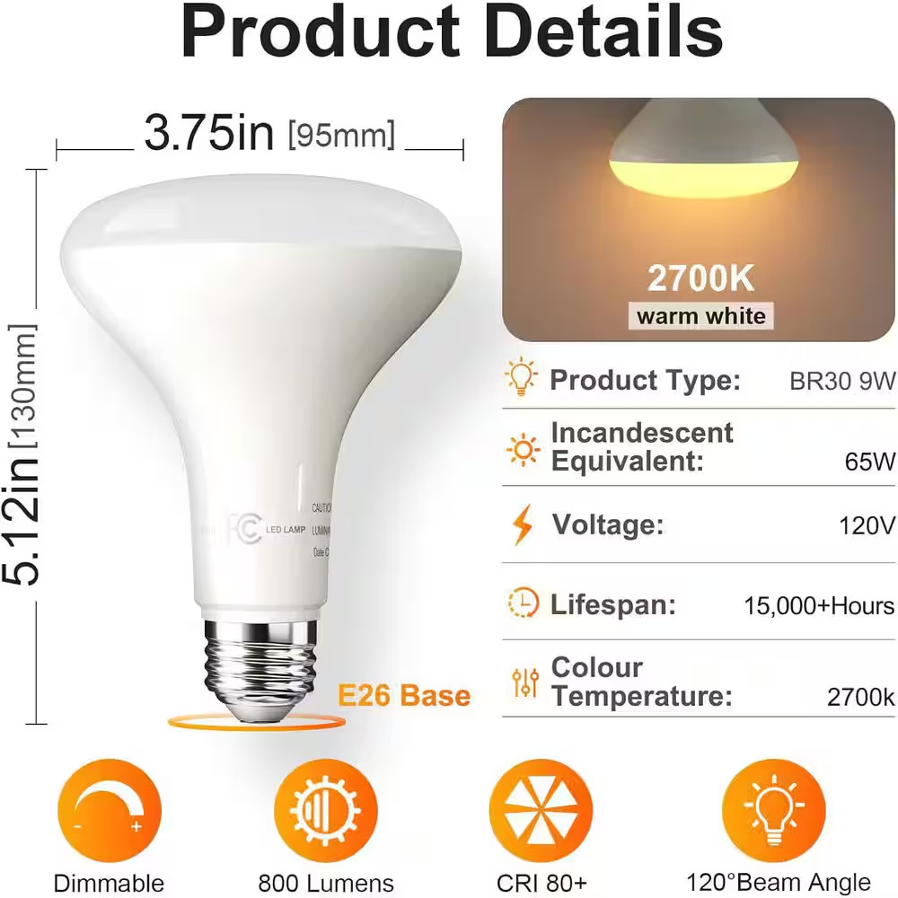 12 Pack BR30 Light Bulb, 65W Equivalent Dimmable Led Recessed Lights Bulb,2700K