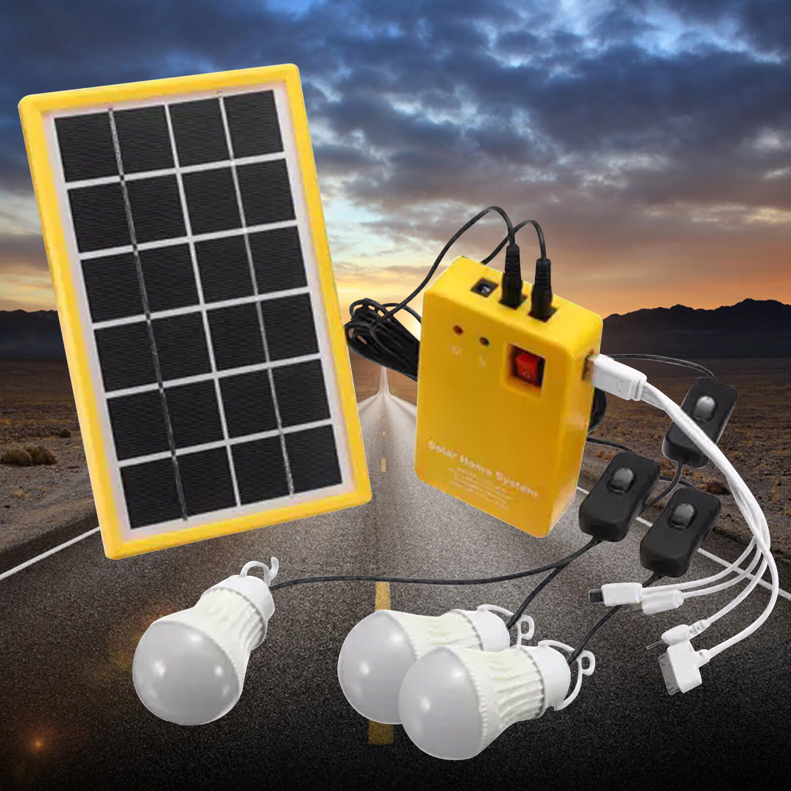 5V Solar Power Panel Generator Kit USB Charger Home System 3×LED Bulbs LightOl