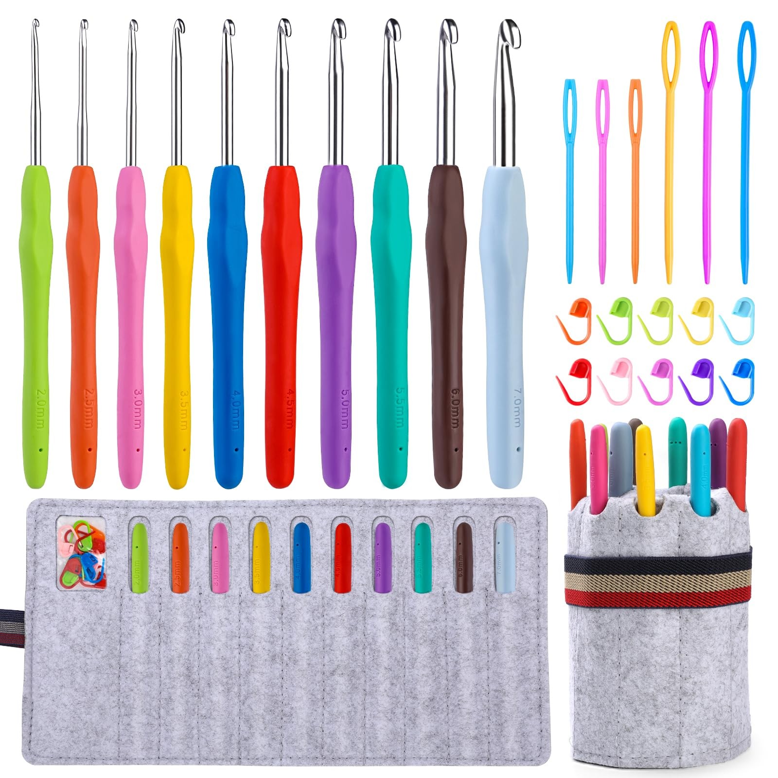 Crochet Hooks Set, 10 Sizes Ergonomic Crochet Hooks with Roll Felt Bag for Be...