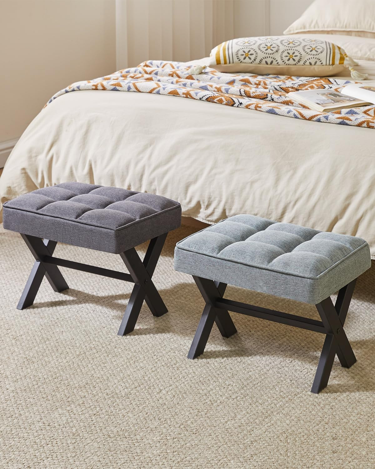 Small Square Linen Footrest Stool with Metal X Leg Side Table Blue Gray