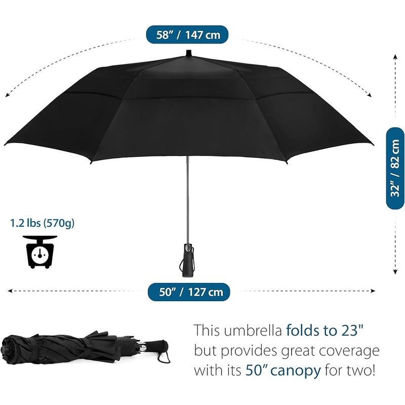Windproof Double Canopy Travel Umbrella Auto Open Close Compact Lightweight New