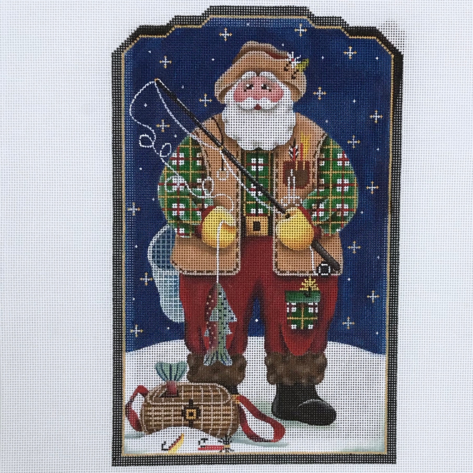Hand painted Needlepoint Canvas Rebecca Wood Winter Fisherman Santa Claus Xmas