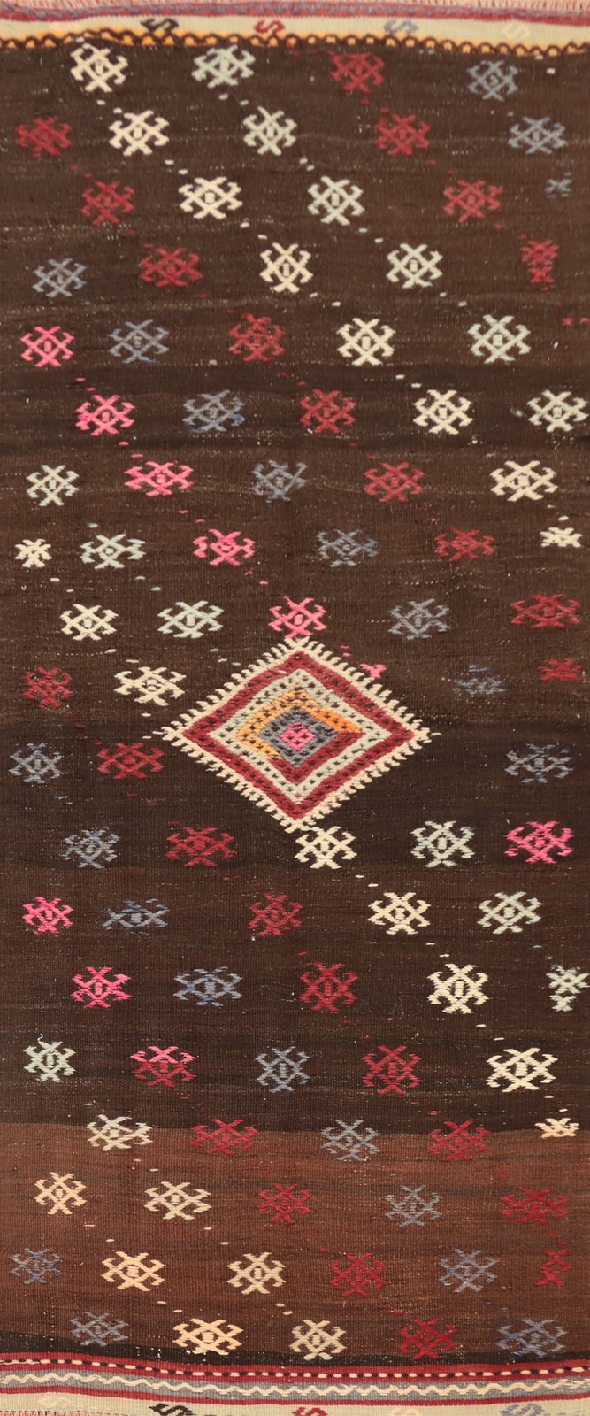 Nomad Kilim Runner Rug 4x9 Vegetable Dye dark Brown Flat-Weave Reversible Carpet